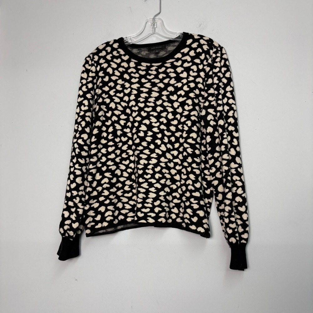 Ann Taylor Womens Black Cream Heart Print Crewneck Sweater Large Puff Sleeve